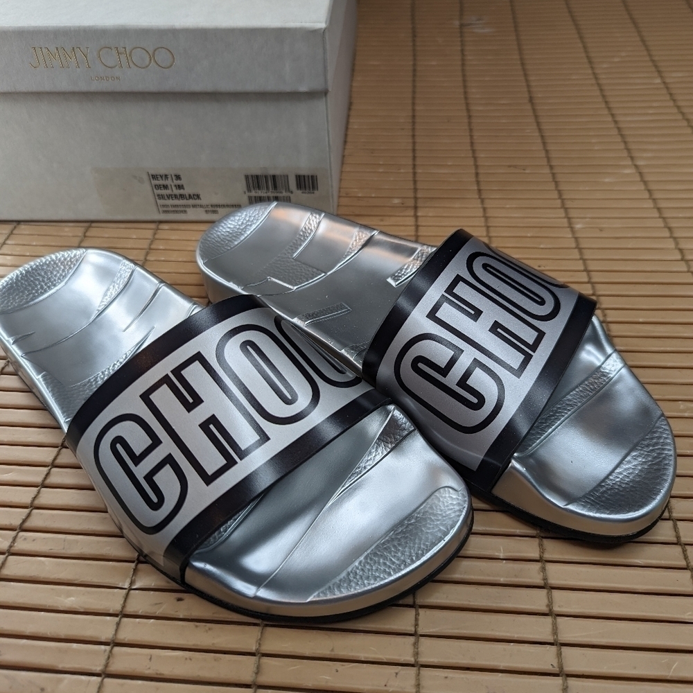 Jimmy Choo Rey/F women's sz  EU 36  US 5.5 Silver slide sandals thick footbed mo